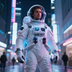 richard tracy dressed like a space traveler in futuristic tokyo, night, glowing lights, neon lights, vintage signage, cyberpunk, concept art, promotional design, highly detailed, 8 k, by yoichi kotabe