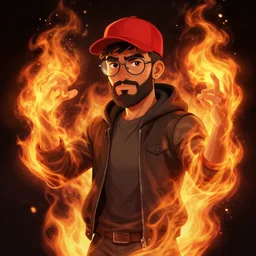character art by bastien lecouffe - deharme, young ducktail bearded middle eastern american male, wayfarer glasses and red baseball cap, on fire, fire powers