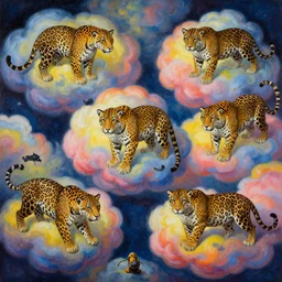 highly detailed painting of a dream involving jaguars in colorful clouds in the middle of the night by oliver vernon artist, joseph moncada, damon soule, manabu ikeda, kilian eng, moebius, nico delort, kyle hotz, dan mumford, otomo, 4 k resolution