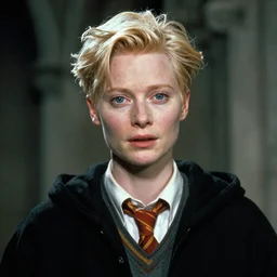 film still of tilda swinton as voldemort in harry potter, 4 k, no nose
