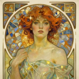 art nouveau poster portrait of a woman, in the style of Mucha, on a detailed geometric art nouveau background design