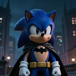 sonic the hedgehog as batman in gotham city, moody superhero portrait at night, render 4 k