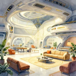 a beautiful illustration of futuristic hangar, lots of furniture, sofa, waiting room, big medium small, sacred geometry, golden ratio, in watercolor gouache detailed paintings, in style of syd mead, trending on artstation, 8 k, panel, hard surface, vent, zaha hadid, props, plant, cozy, decoration around the room, simon stalenhag, deus ex
