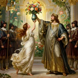 girl throws a vase full of flowers to an emperor, the emperor wears long flowing robes escorted by guards, an ostentatious palace and garden are seen in the background. by jeremy mann and alphonse mucha, photo realistic, dynamic lighting, artstation, poster, volumetric lighting, highly detailed faces, 4 k, award winning