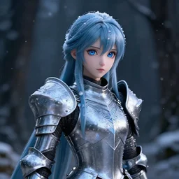 portrait focus of knight beautiful 3D anime girl, frozen armor wearing, dark forest background, snowing, bokeh, inspired by Masami Kurumada, digital painting, high contrast, unreal engine render, volumetric lighting, high détail