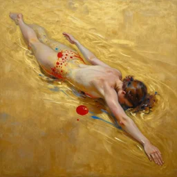 abstract oil matte portrait painting, woman swimming in a golden liquid partially covered, red dollops, blue strains, wonderful masterpiece highly detailed, beautiful cinematic light deep focus, elegant, smooth, sharp focus, golden ratio, dramatic illumination, ultra realistic, 8 k, art by kristina alisauskaite and caravaggio