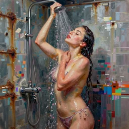 a beautiful painting by robert proch and christian hook of a woman taking a shower in a glitched bathroom, metal rust and plaster materials, pixel sorting, color bleeding, brushstrokes by jeremy mann