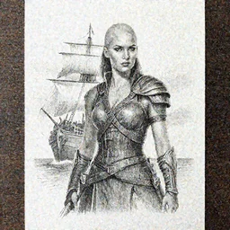 A beautiful woman warrior on a faded background of a pirate ship at a deserted island, realism pencil drawing on white paper, bald lines