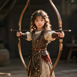 long shot character concept art of a standing cute young woman dressed as a medieval archer