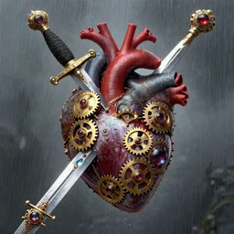 a steampunk rose sword piercing a human heart who embellished gears wheels and gemstones,in the rain,by William Holman Hunt,Greg Rutkowski,Stanely Artgerm,peter gric,aaron horkey,trending on pinterest,luxury,mythological,ultra realistic,high detail,concept art,golden ratio,cinematic lighting,maximalist