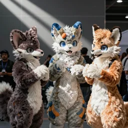 A photograph taken at a furry convention of fursuiters having fun