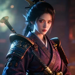 a female samurai demon, moody lighting, lens flare, atmosphere, glow, detailed, intricate, full of colour, cinematic lighting, trending on artstation, 4 k, hyperrealistic, focused, extreme details, unreal engine 5, cinematic, masterpiece