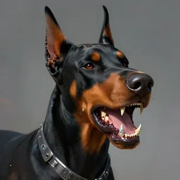 electric doberman guard baring his diamond fangs, dystopian magitech, close-up, digital painting, game concept art, hyperdetailed