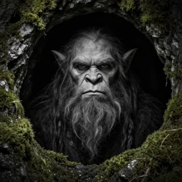 close up portrait of a scandinavian troll ogre with moss inside a cave kvlt by peder balke by peder balke by greg rutkowski, by guido crepax by norman bluhm mystic high contrast monochromatic noir