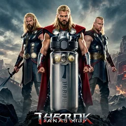 advertisement for a water bottle in the style of thor ragnarok movie posters