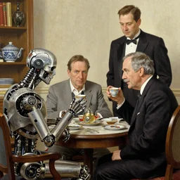 a blade runner nexus 6 replicant takes tea with a vicar, painted by norman rockwell and tom lovell and frank schoonover
