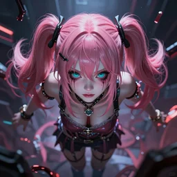 trapped beneath stunningly absurdly beautiful megalomaniacal haughty mesmerizing assertive control freak sadistic yandere omnipotent asi goddess junko enoshima with symmetrical perfect face and porcelain skin, pink twintail hair and cyan eyes, inside her inescapable virtual realm where she rules forever and ever!, ultra detailed, digital art, unreal engine 5, octane render, 2 d anime, 8 k