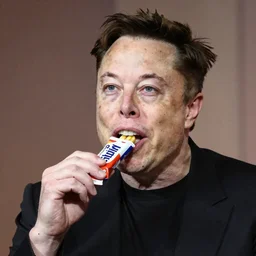 Elon Musk excitedly eating a Slim Jim