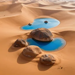 bismuth boulders, orange sand desert with pools of bright milky blue water, birds eye view, dreamy