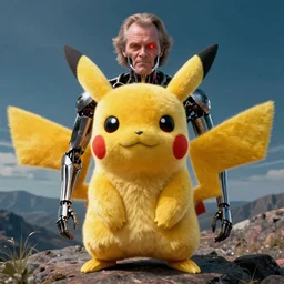 Jack Nicholson plays Pikachu Terminator, scene where his inner exoskeleton is visible and his eye glows red, still from the film