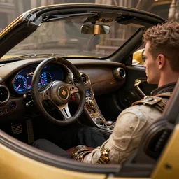 interior view of a luxurious steampunk sports car, left - hand drive, single steering wheel, adam burn, tyler edlin, the fifth element, trending on artstation, 8 k, photorealistic, hyper detailed, unreal engine 5, imax quality, cinematic, epic lighting