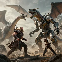 Ragnarok with vikings fighting cyborg dinosaurs