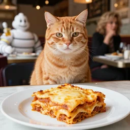 fat orange tabby cat sitting on lasagna, michelin star restaurant, roger deakins, annie liebovitz