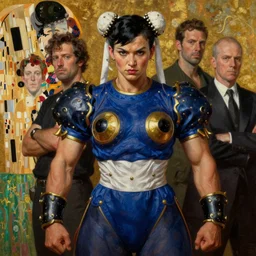 portrait of fully dressed thick muscular chun - li wearing heavy body armour by alexander mcqueen, by roberto ferri, by tom bagshaw, by j. c. leyendecker and klimt, by austin osman spare, highly detailed oil painting, very intricate, cinematic lighting, award - winning, american romanticism, artstation, cgsociety, official art, octane
