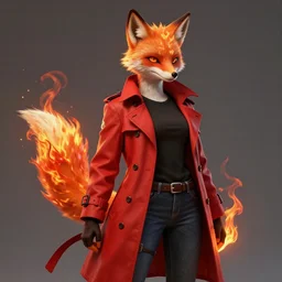 a female anthropomorphic humanoid fox with fire powers dressed in a red trench coat, black t - shirt, and jeans in the style of metal gear trending on artstation deviantart pinterest furaffinity detailed realistic hd 8 k high resolution