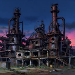 a beautiful detailed anime illustration of structures industrial architecture abandoned urbex by frederick mccubbin, poppy nightsky neon noir studio ghibli, archdaily, wallpaper, highly detailed, trending on artstation.