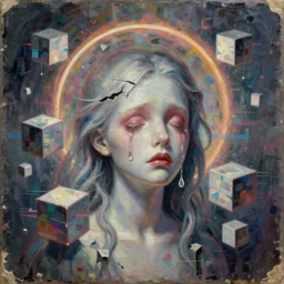 glitchy cubes, magic halo, broken soul, deep sickness oil paint, surrealist highly detailed at, ethereal, trending on art station, emotional surrealism oil painting, tears, crying, glitching squares, very very very very very trippy, aged damaged on edges