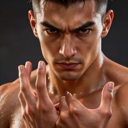 epic masterpiece street fighter, sweaty skin, hyperrealistic, octane render, cinematic, beautiful face and flawless skin, perfect hands, 5 fingers,  by Edgar Maxence and Ross Tran and Michael Whelan, Legends of Runeterra