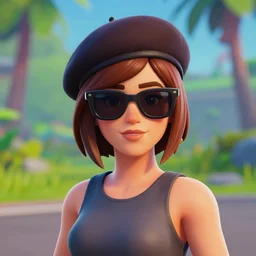 Fortnite; girl with short brown hairm, wearing a beret; sun glasses ; 1 character; solo figure; Fortnite