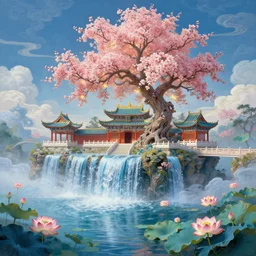a gorgeous painting by barlowe wayne, maxfield parrish and marco mazzoni. xanadu chinese temple on a platform that extends over a great waterfall, a huge tallest magnificent peach blossom tree glowing, bridge. azure. ultra clear detailed. 3 d, octane render. a lake full of lotus flowers, chinese cloud. 8 k.