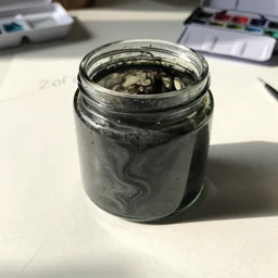 sketch of jar of swirling ink on a desk, afternoon lighting, watercolor, heavy metal, by moebius