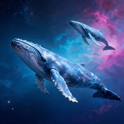 Large blue whales swimming in space, colorful, beautiful, cinematic, golden ratio, high detail, unreal engine,