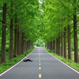 A man sitting on a beautiful road in a forest with Nutmeg trees lined up on the side of the road with his back to the camera, professional photography