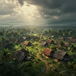 kerala village, an epic fantasy, dramatic lighting, cinematic, establishing shot, extremely high detail, photorealistic, cinematic lighting, artstation, by simon stalenhag, horizon forbidden west