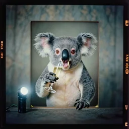 kodak portra 4 0 0, wetplate, flashlight, 8 5 mm carl zeiss, blueberry, award - winning colour portrait by britt marling : a crazy koala vampire with long fangs drinking champagne, quadratic quadratic picture frames, haze, wallpaper, fog, no people