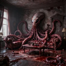 living room made of bloody alien tentacle flesh by Zdzislaw Belkinski , digital art, surreal, horror, HD, 8K