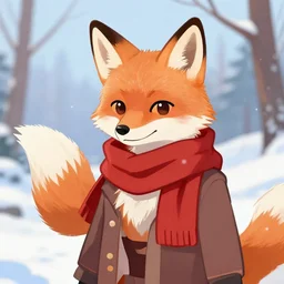 an anthropomorphic fox fursona wearing a scarf in the snow, cartoon, trending on artstation, furry art