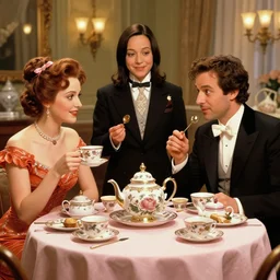 seinfeld fancy tea party, digital art, illustration, highly detailed, warm color scheme, soft lighting, sharp focus, gustave caillebotte, pyotr konchalovsky