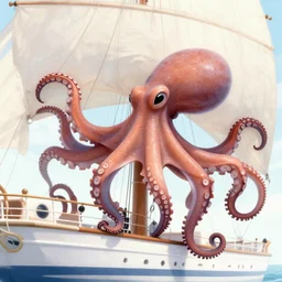 huge octopus climbing onto a sailing vessel