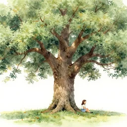 a water color painting of a massive oak tree, a girl is sitting under the tree gazing at a wheat field to the left, high detail,