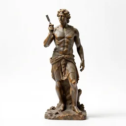 tattooed sculptor with chisel, studio photography, full body, standing, isolated on a pure white background, centered, whole figure in frame, sharp focus, studio lighting