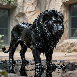 the smooth black lioness, made of smooth black goo, in the zoo exhibit, viscous, sticky, full of black goo, covered with black goo, splattered black goo, dripping black goo, dripping goo, splattered goo, sticky black goo. photography, dslr, reflections, black goo, zoo, exhibit