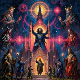the church of chaos magick honours aleister crowley, hyperrealism, symbolism, symmetry, do what thou wilt, subject centered in frame, rule of thirds, stunning neon lighting, demonic summoning, very detailed surreal impressionist painting by jan van eyck and beksinski and greg rutkowski and kim jung gi