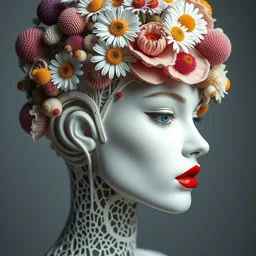 biomechanical beautiful woman portrait with a smooth carved porcelain ivory profile face, elegant haute couture, iris van herpin, headdress with daisies, colorful puffballs, mushrooms, rhizomorphs, brackets, sponge corals, laser cut paper mesh, red plump lips, hyper detailed, ultra sharp, soft light, 8 k, uhd