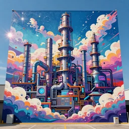 a digital cyberpunk mural of a massive factory producing endless clouds of creativity, by RHADS, vibrant, colorful, 4k, lens flare, panoramic, cyberpunk