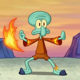 wide shot, detailed photorealistic ( ( cartoony ) ) face, squidward, wearing fire nation clothing and practicing firebending outside at susnset, [ greg rutkowski ]